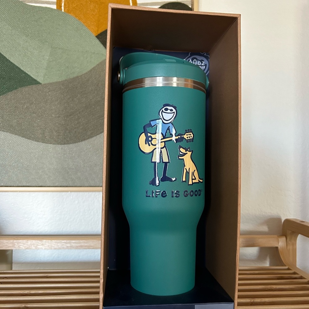 Life is good 40 ounce guitar man & dog Double walled mug & strap